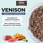 Graphic with a light blue background and a KOHA logo at the top. There is half a bowl of paté textured cat food in a white bowl on the side and images of meat and pumpkin at the bottom. The copy says Venison plus beneficial ingredients and pumpkin for digestive support and New Zealand Green Mussel for Joint Health