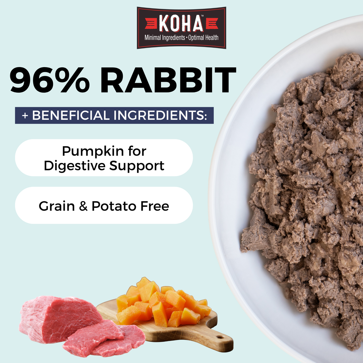 Graphic with a light blue background and a KOHA logo at the top. There is half a bowl of paté textured cat food in a white bowl on the side and images of meat and pumpkin at the bottom. The copy says 96% Rabbit plus beneficial ingredients and pumpkin for digestive support and Grain & Potato Free.
