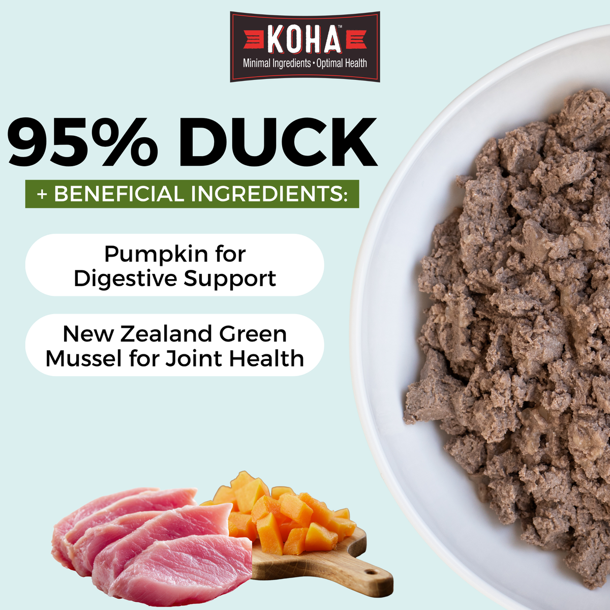 Graphic with a light blue background and a KOHA logo at the top. There is half a bowl of paté textured cat food in a white bowl on the side and images of meat and pumpkin at the bottom. The copy says 95% duck plus beneficial ingredients and pumpkin for digestive support and New Zealand Green Mussel for Joint Health
