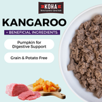 Graphic with a light blue background and a KOHA logo at the top. There is half a bowl of paté textured cat food in a white bowl on the side and images of meat and pumpkin at the bottom. The copy says Kangaroo plus beneficial ingredients and pumpkin for digestive support and  Grain and Potato Free.

