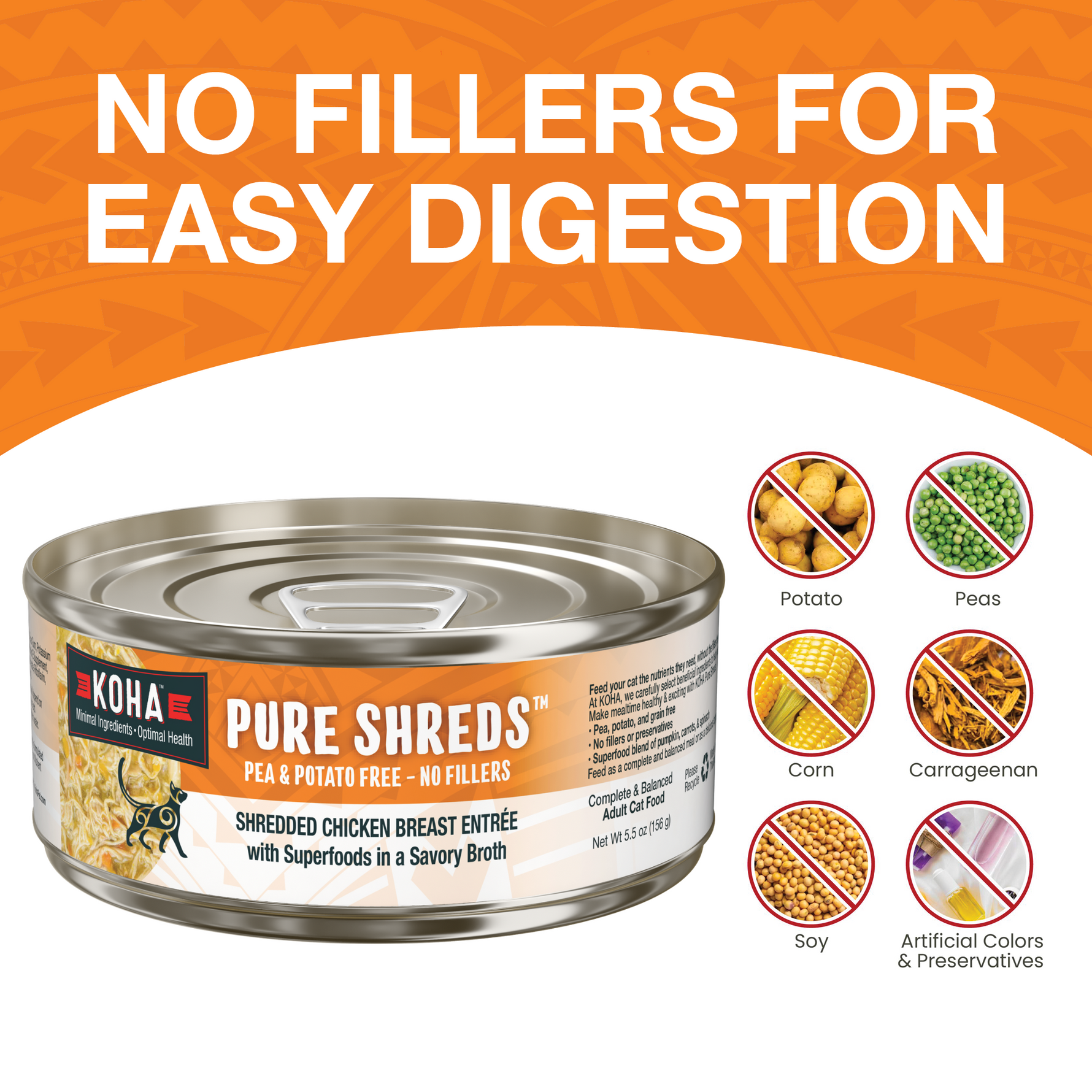 KOHA Pure Shreds Chicken can with text that says No Fillers for Easy Digestion and icons of fillers that are not in the food including potatoes, peas, corn, carrageenan, soy and artificial colors and preservatives on a white background