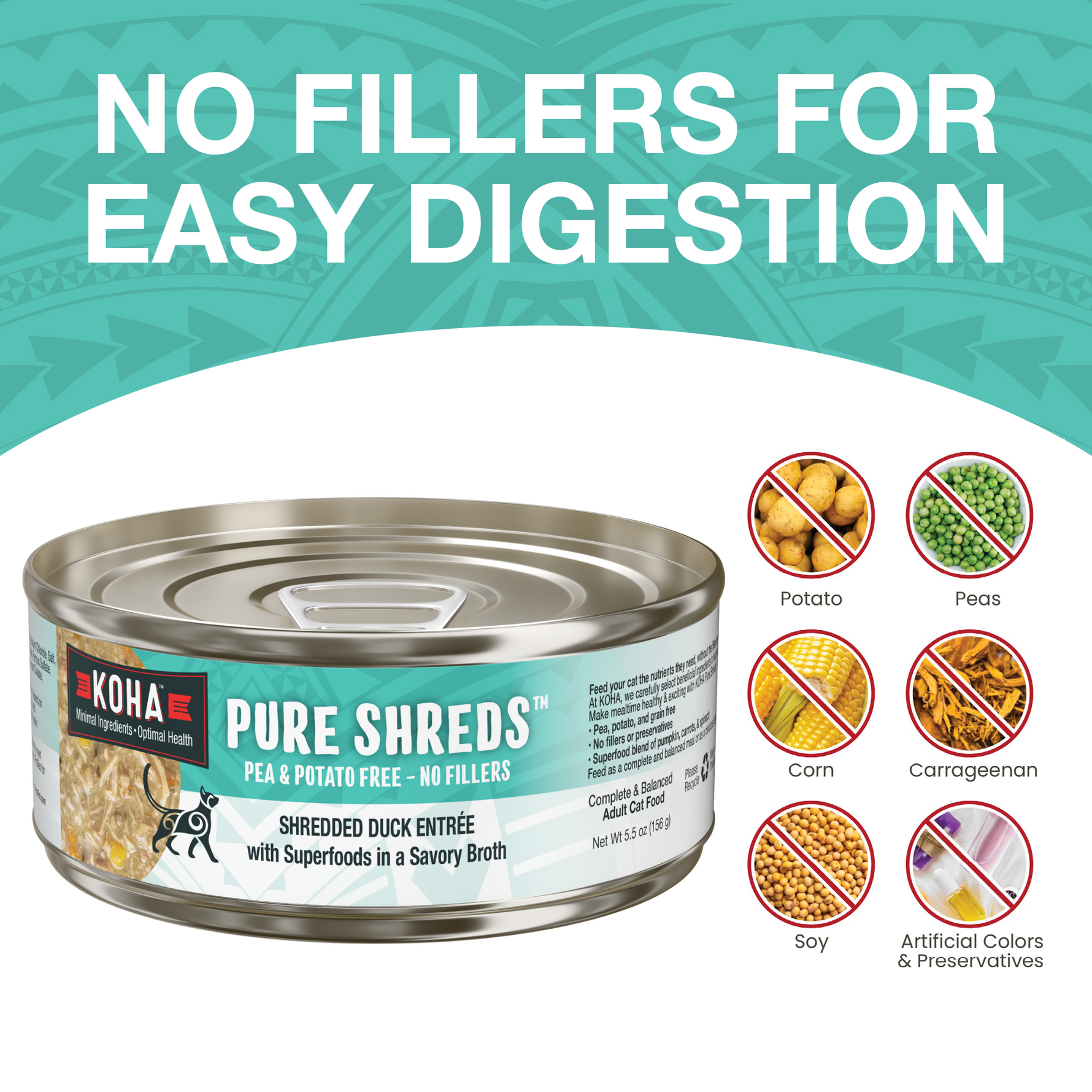 KOHA Pure Shreds duck can with text that says No Fillers for Easy Digestion and icons of fillers that are not in the food including potatoes, peas, corn, carrageenan, soy and artificial colors and preservatives on a white background