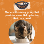 An image of a cat eating from a bowl with text that says Made with savory gravy that provides essential hydration that cats need. 