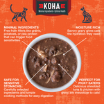 A  graphic for KOHA Poké bowls featuring a bowl of Poké Bowls on an orange textured background with callout text highlighting minimal ingredients, moisture-rich gravy, safe for sensitive stomachs, and perfect for picky eaters.