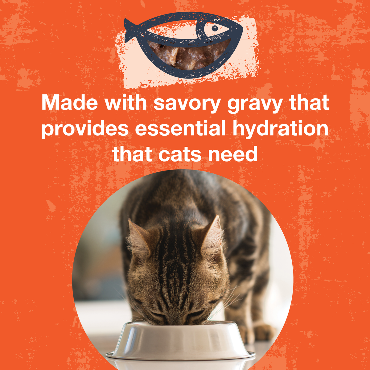 An image of a cat eating from a bowl with text that says Made with savory gravy that provides essential hydration that cats need. 