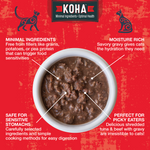 A  graphic for KOHA Poké bowls featuring a bowl of shredded tuna and beef gravy on a bright red textured background with callout text highlighting minimal ingredients, moisture-rich gravy, safe for sensitive stomachs, and perfect for picky eaters.