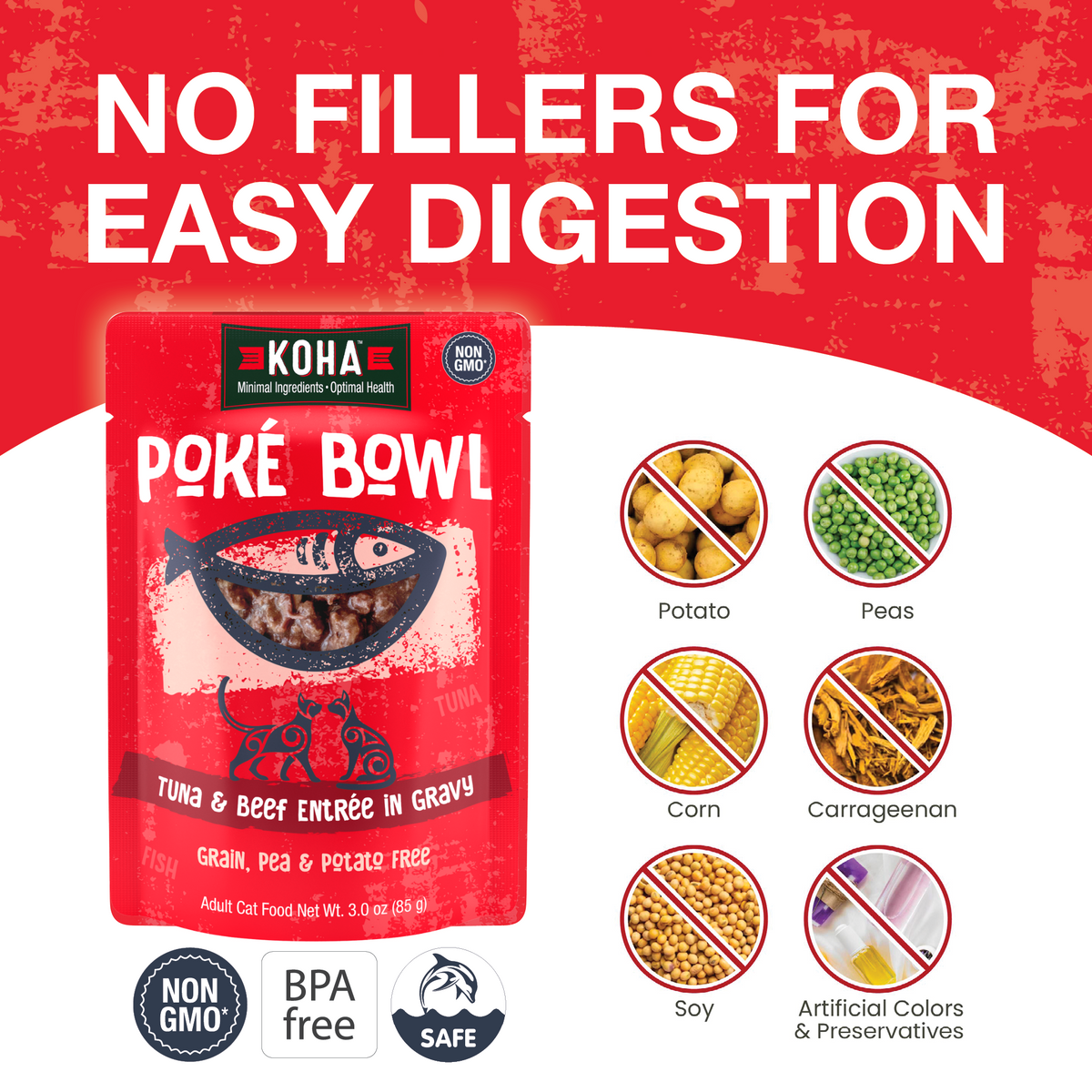 KOHA Póké Bowl pouch is shown on a white and red graphic background with large text reading 'NO FILLERS FOR EASY DIGESTION' and icons indicating excluded ingredients like potato, peas, corn, carrageenan, soy, and artificial colors. Also says non-GMO, BPA free and dolphin safe.