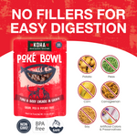 KOHA Póké Bowl pouch is shown on a white and red graphic background with large text reading 'NO FILLERS FOR EASY DIGESTION' and icons indicating excluded ingredients like potato, peas, corn, carrageenan, soy, and artificial colors. Also says non-GMO, BPA free and dolphin safe.