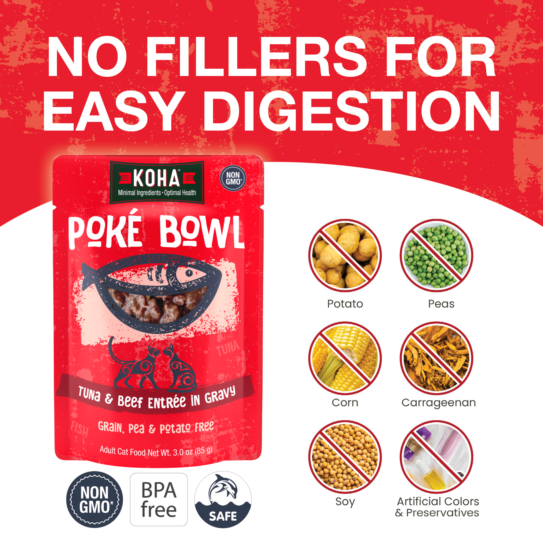 KOHA Póké Bowl pouch is shown on a white and red graphic background with large text reading 'NO FILLERS FOR EASY DIGESTION' and icons indicating excluded ingredients like potato, peas, corn, carrageenan, soy, and artificial colors. Also says non-GMO, BPA free and dolphin safe.