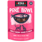 Koha Poké Bowl tuna and shrimp entree in gravy cat food package on a white background