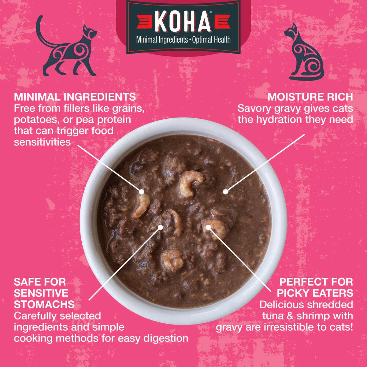 Graphic showing a bowl of Poké bowl food in a white bowl on a pink textured background with bullets minimal ingredients, moisture rich, safe for sensitive stomachs and perfect for picky eaters