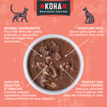 A  graphic for KOHA Poké bowls featuring a bowl of Poké Bowls on an salmon colored textured background with callout text highlighting minimal ingredients, moisture-rich gravy, safe for sensitive stomachs, and perfect for picky eaters.