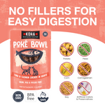 KOHA Póké Bowl pouch is shown on a white and salmon colored graphic background with large text reading 'NO FILLERS FOR EASY DIGESTION' and icons indicating excluded ingredients like potato, peas, corn, carrageenan, soy, and artificial colors. Also says non-GMO, BPA free and dolphin safe.