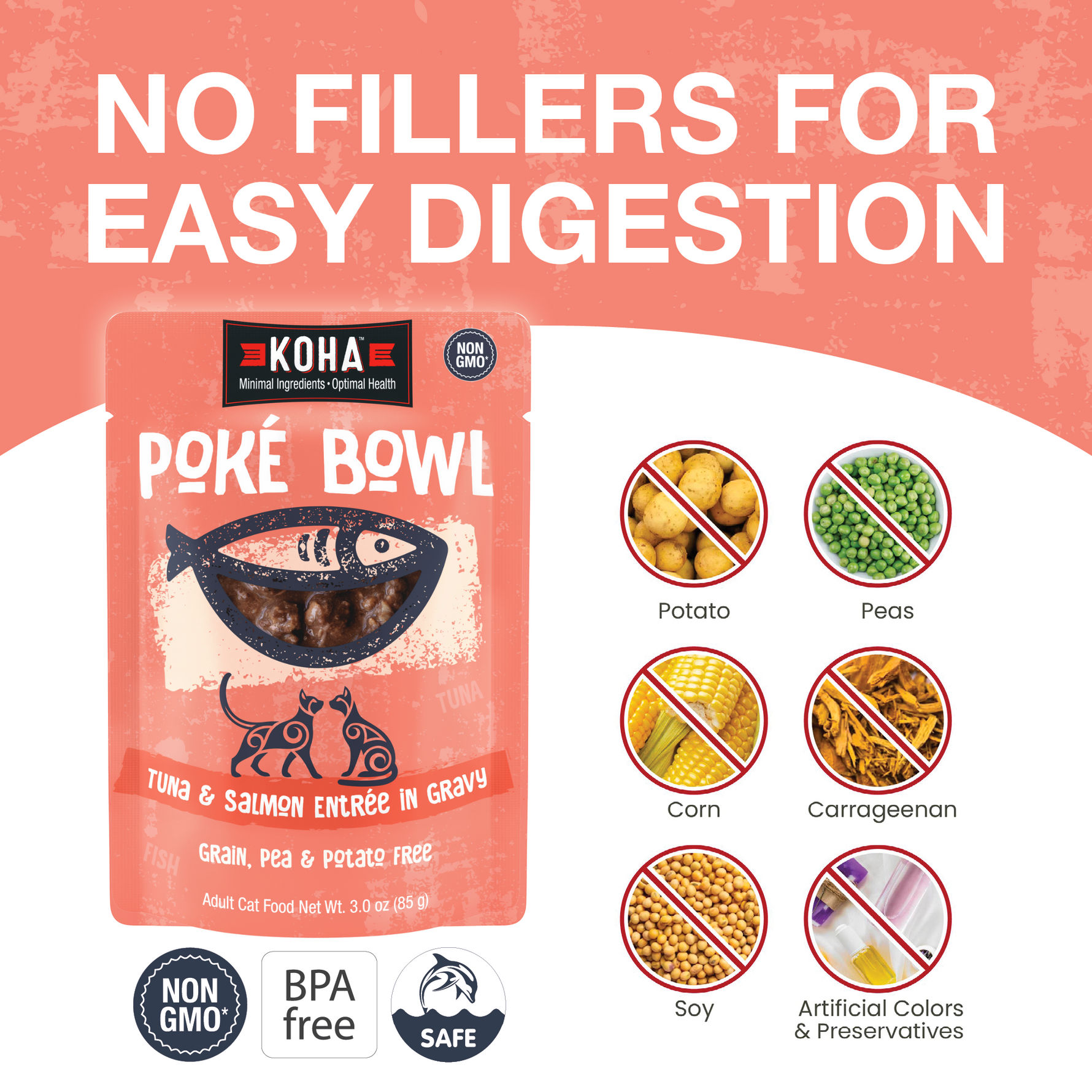 KOHA Póké Bowl pouch is shown on a white and salmon colored graphic background with large text reading 'NO FILLERS FOR EASY DIGESTION' and icons indicating excluded ingredients like potato, peas, corn, carrageenan, soy, and artificial colors. Also says non-GMO, BPA free and dolphin safe.