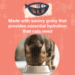 An image of a cat eating from a bowl with text that says Made with savory gravy that provides essential hydration that cats need. 