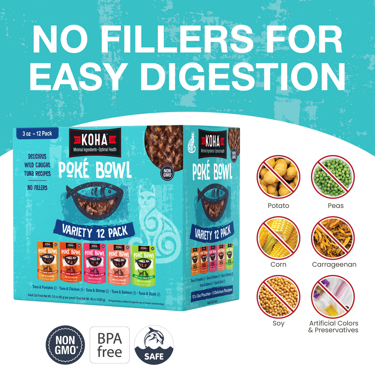 KOHA Póké Bowl variety pack box is shown on a white and blue graphic background with large text reading 'NO FILLERS FOR EASY DIGESTION' and icons indicating excluded ingredients like potato, peas, corn, carrageenan, soy, and artificial colors. Also says non-GMO, BPA free and dolphin safe.