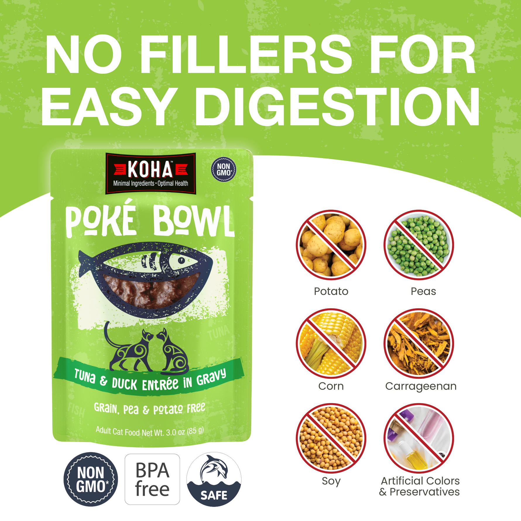 KOHA Póké Bowl pouch is shown on a white and green colored graphic background with large text reading 'NO FILLERS FOR EASY DIGESTION' and icons indicating excluded ingredients like potato, peas, corn, carrageenan, soy, and artificial colors. Also says non-GMO, BPA free and dolphin safe.