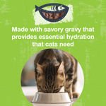 An image of a cat eating from a bowl with text that says Made with savory gravy that provides essential hydration that cats need. 