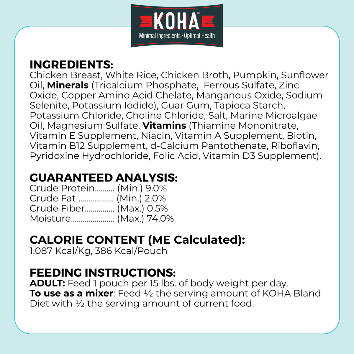Image listing ingredients, guaranteed analysis, calorie content, and feeding instructions