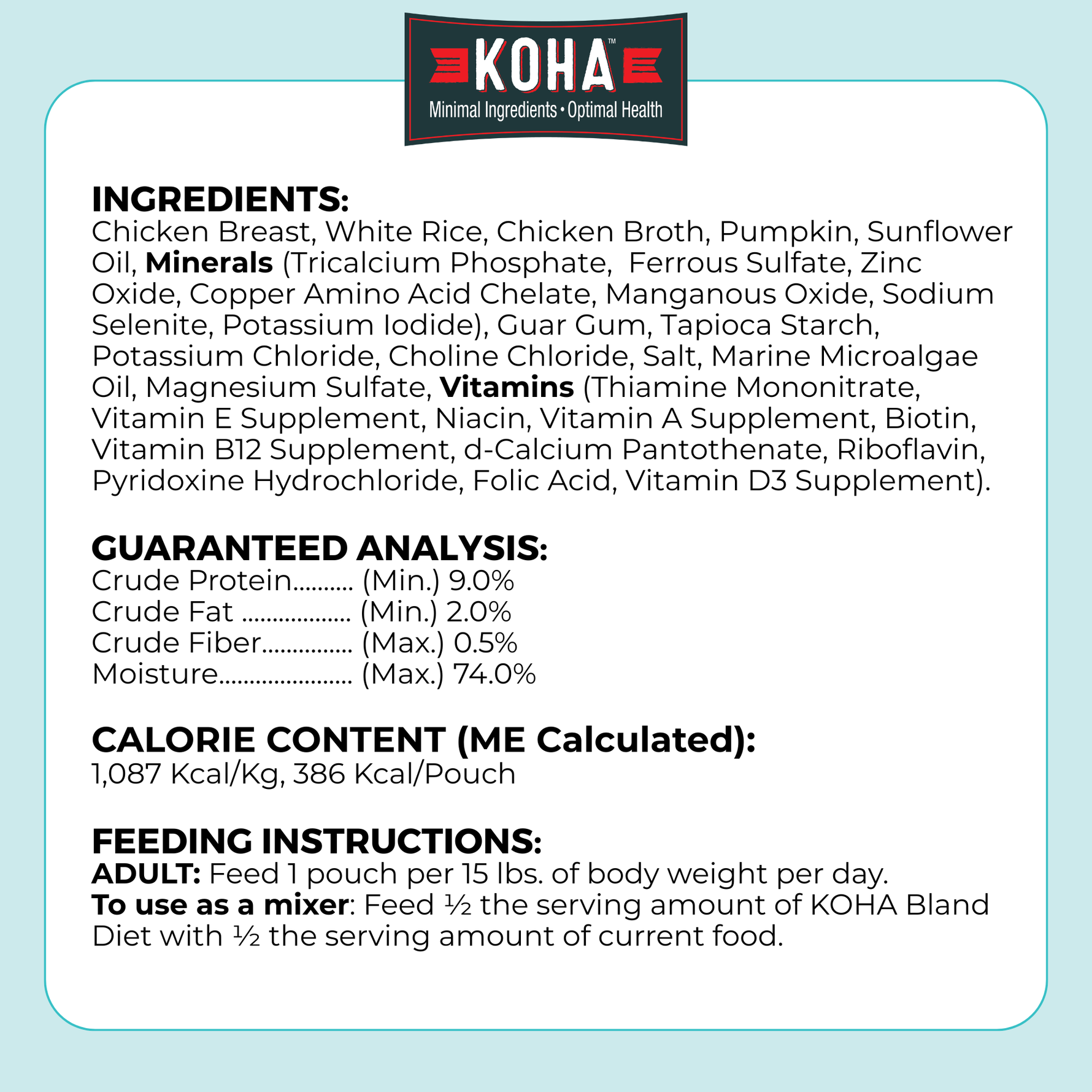 Image listing ingredients, guaranteed analysis, calorie content, and feeding instructions