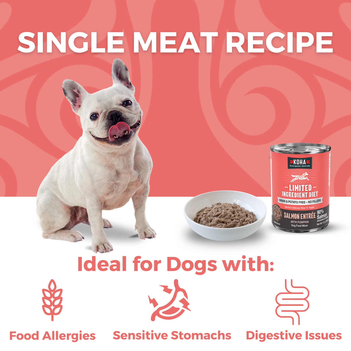 Graphic of a dog and can of KOHA Limited Ingredient Diet and a white bowl of the food with a white dog. Text says Single Meat Recipe and the bottom says Ideal for dogs with food allergies, sensitive stomachs and digestive issues.