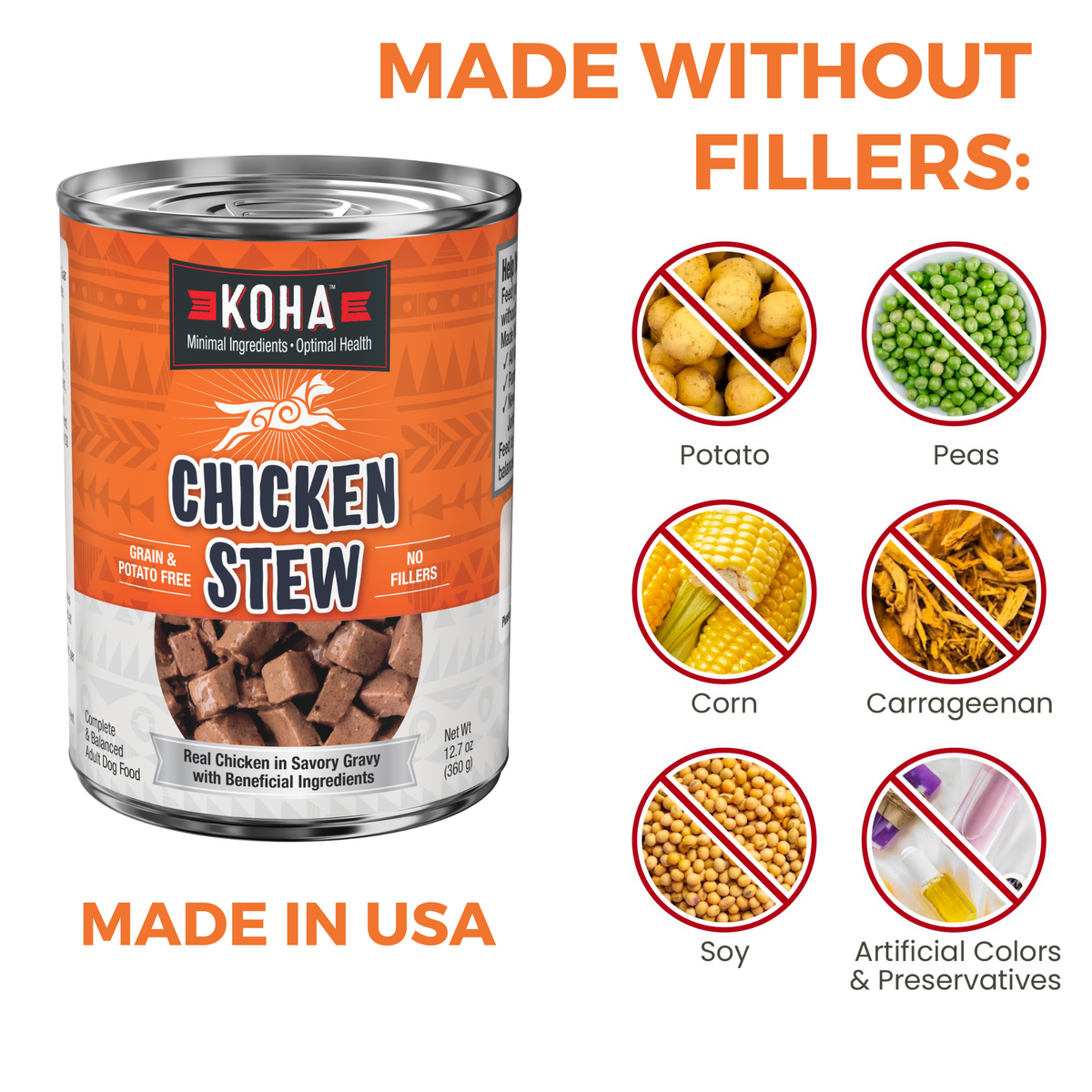 KOHA chicken dog  Stew can with text that says Made without fillers  and icons of fillers that are not in the food including potatoes, peas, corn, carrageenan, soy and artificial colors and preservatives on a white background