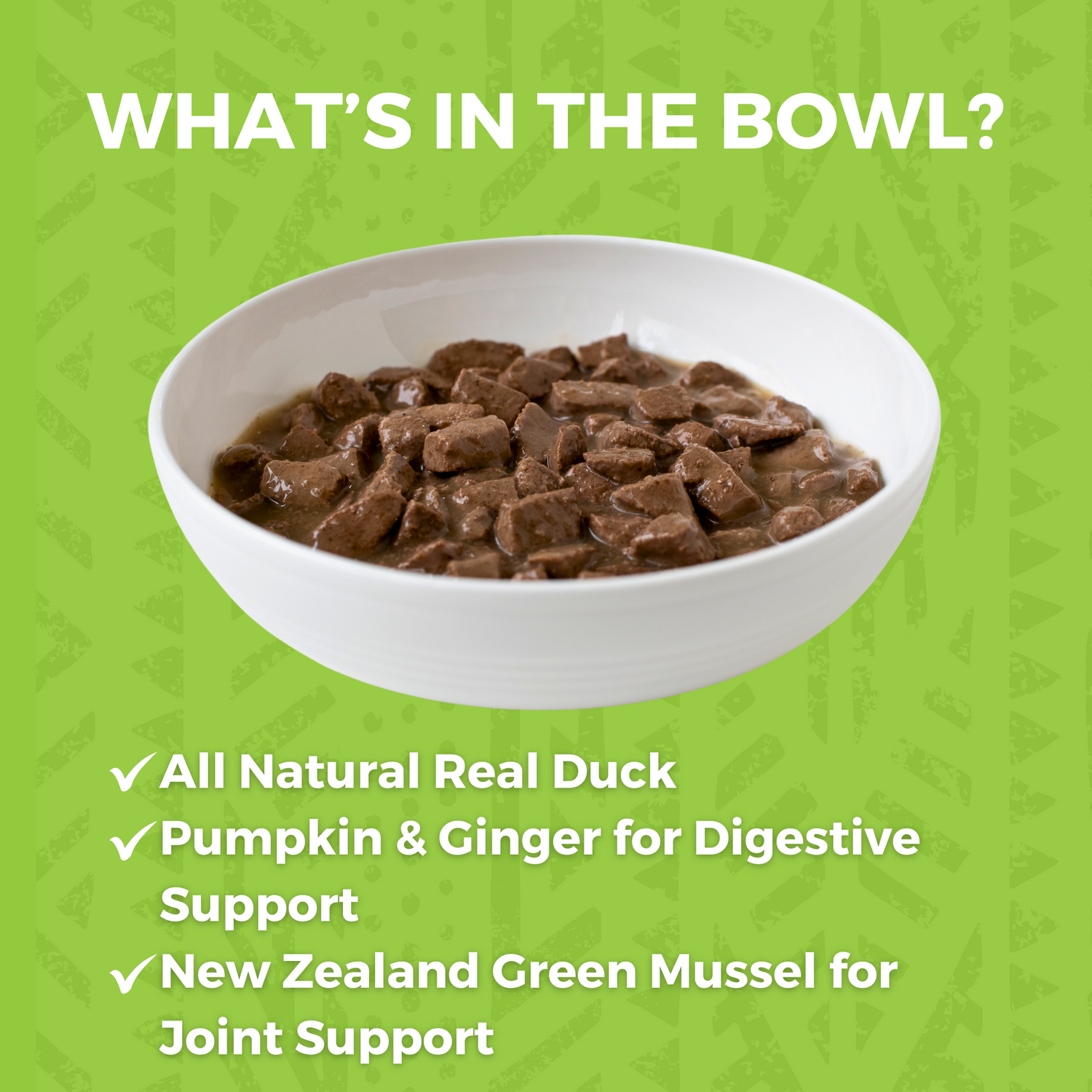 White bowl of KOHA stew that says What's in the Bowl? And the bullets say All natural duck, pumpkin and ginger for digestive support and new zealand green mussel for join support. 