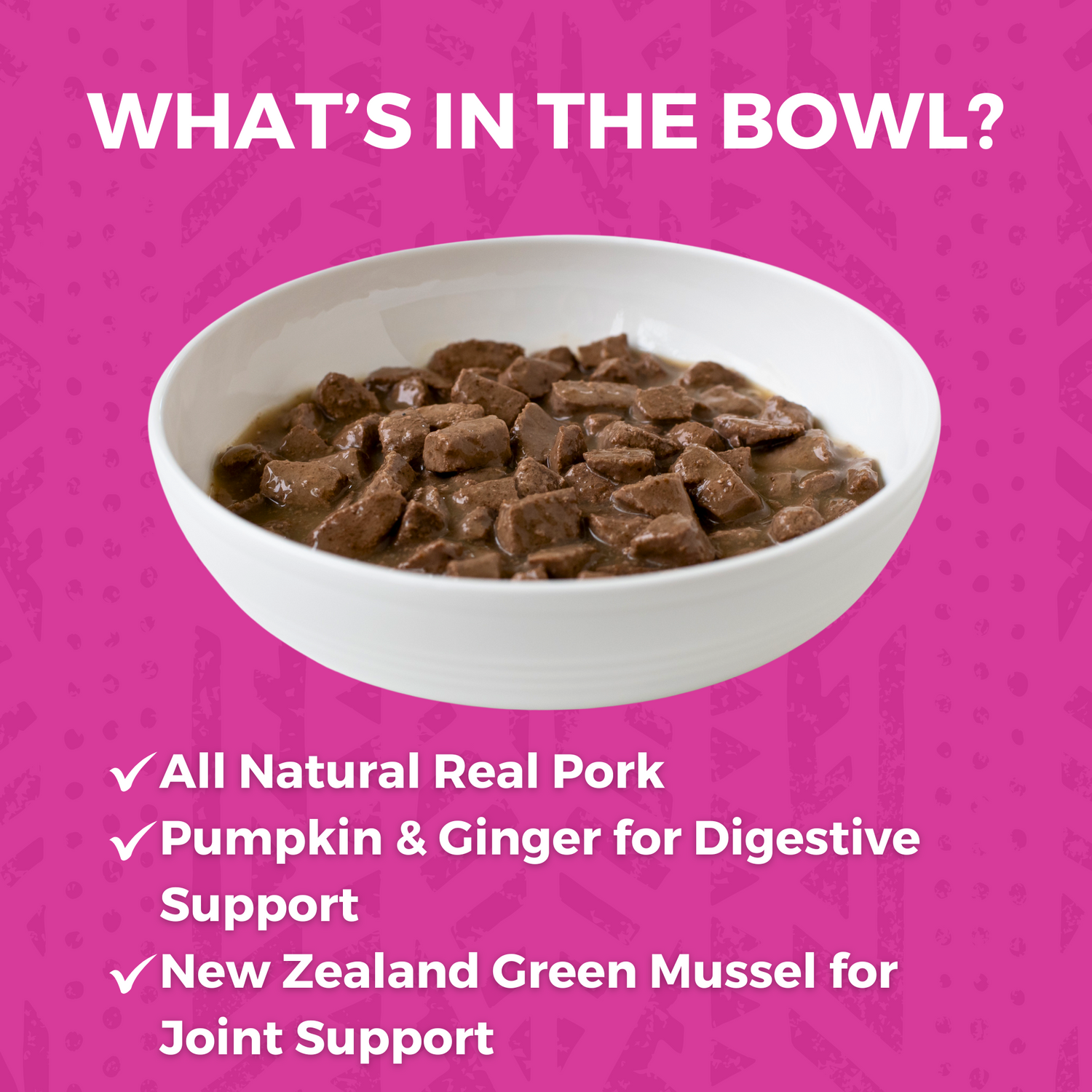 White bowl of KOHA stew that says What's in the Bowl? And the bullets say All natural pork, pumpkin and ginger for digestive support and new zealand green mussel for join support. 