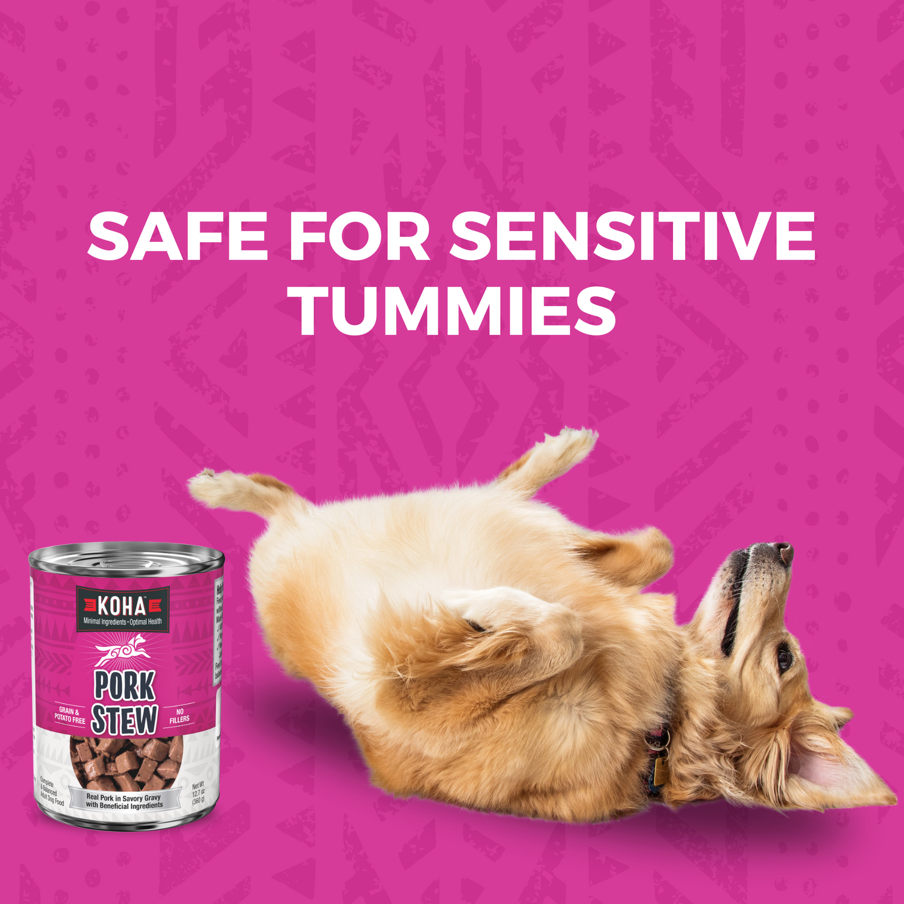 image of a dog rolloing on its back next to a can of KOHA pork stew and has the title Safe for Sensitive tummies. 
