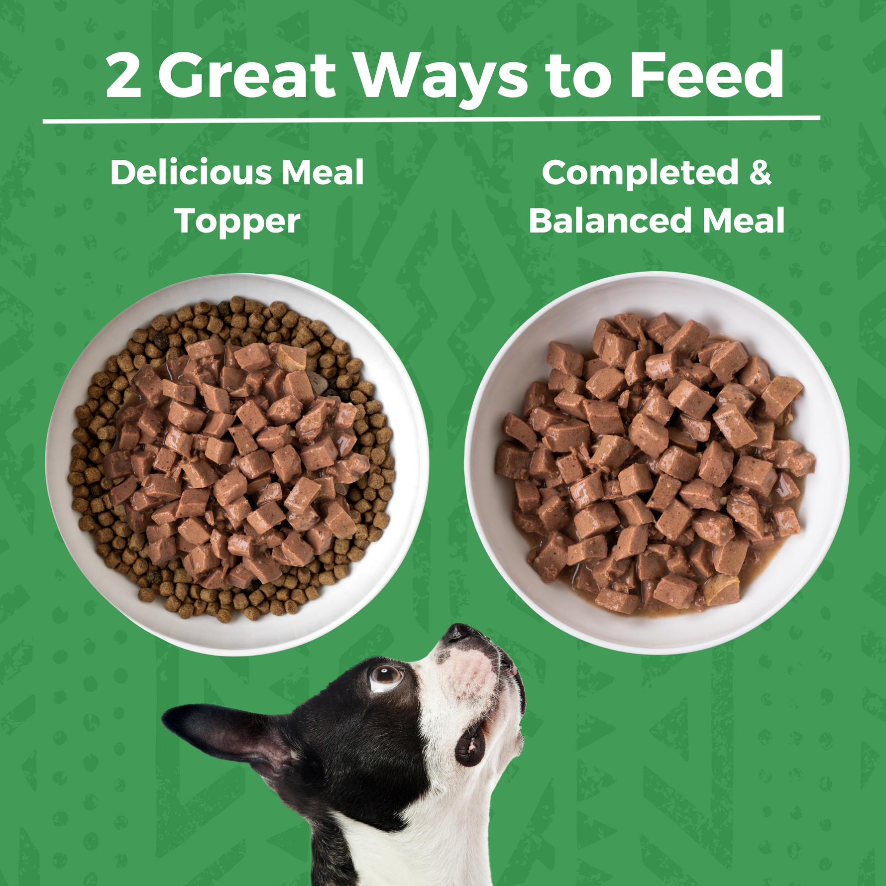 Two bowls of dog food on a green background with the text '2 Great Ways to Feed' and labels 'Delicious Meal Topper' showing wet stew on dry kibble and 'Completed & Balanced Meal.' showing a bowl of wet stew. A black-and-white dog head appears at the bottom.