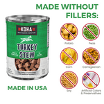 KOHA Turkey dog  Stew can with text that says Made without fillers  and icons of fillers that are not in the food including potatoes, peas, corn, carrageenan, soy and artificial colors and preservatives on a white background