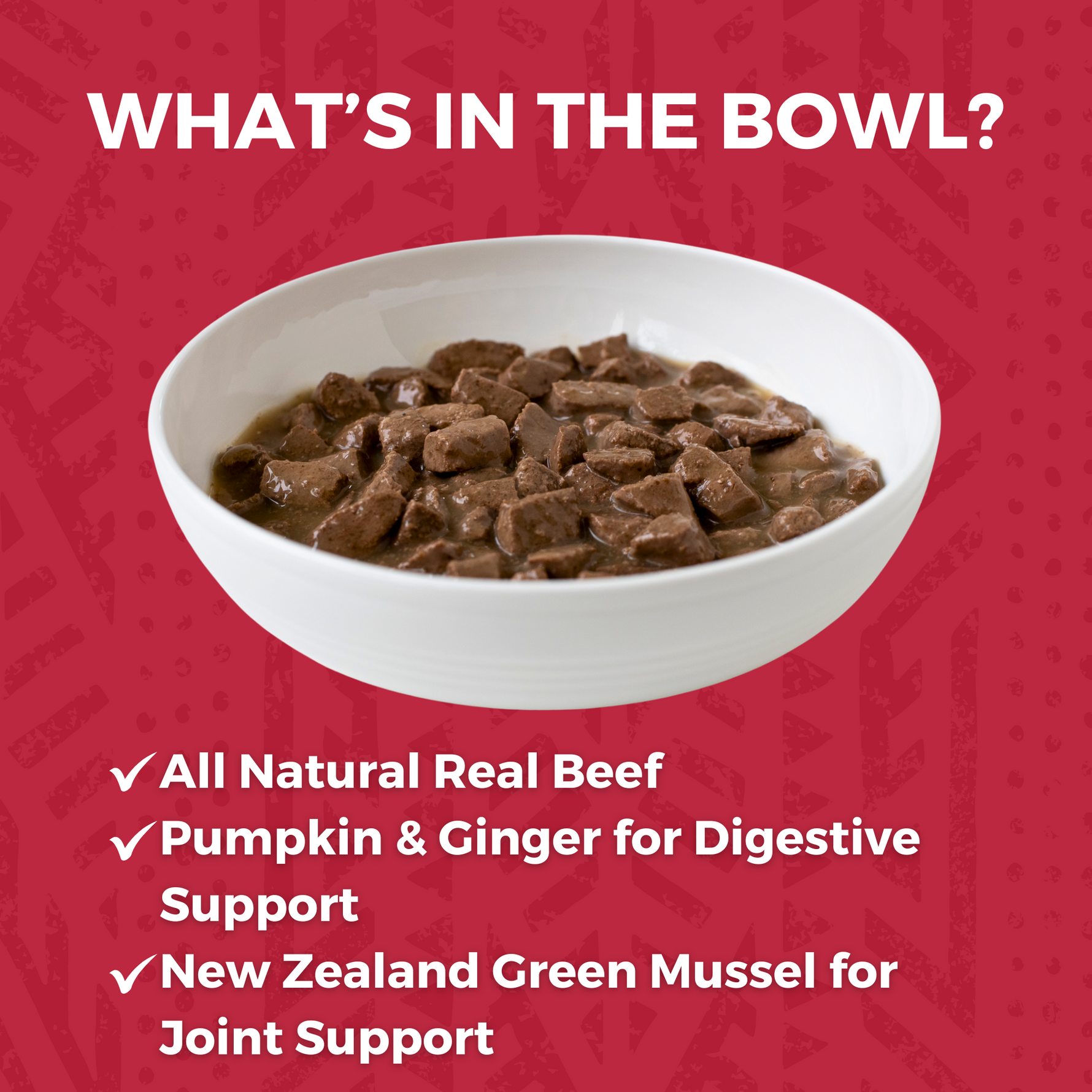 White bowl of KOHA stew that says What's in the Bowl? And the bullets say All natural beef, pumpkin and ginger for digestive support and new zealand green mussel for join support. 