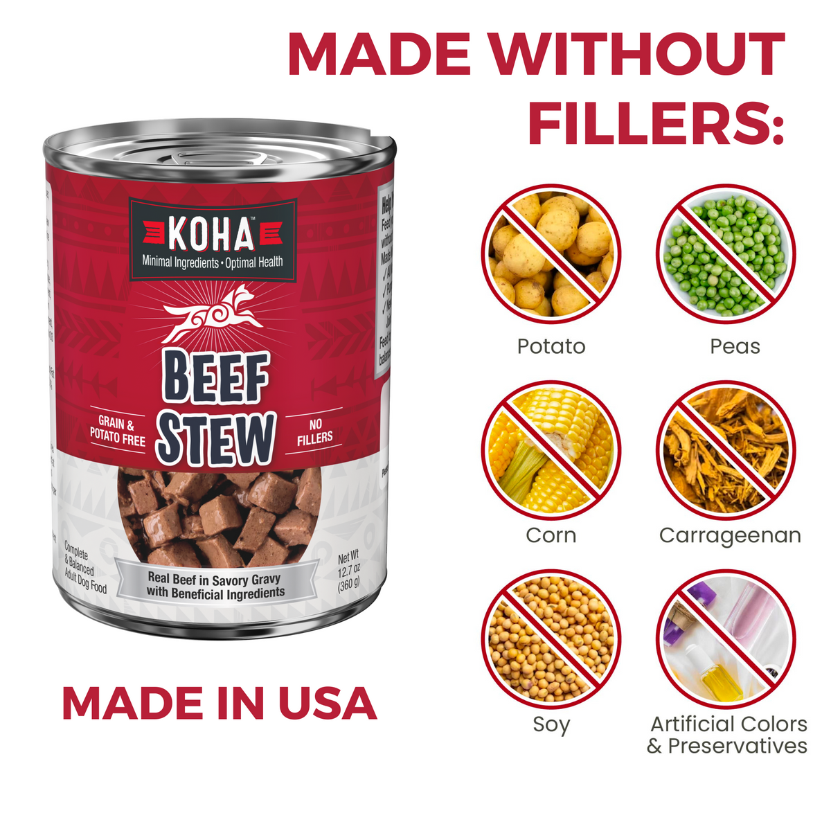 KOHA Beef dog  Stew can with text that says Made without fillers  and icons of fillers that are not in the food including potatoes, peas, corn, carrageenan, soy and artificial colors and preservatives on a white background