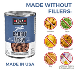 KOHA Rabbit dog  Stew can with text that says Made without fillers  and icons of fillers that are not in the food including potatoes, peas, corn, carrageenan, soy and artificial colors and preservatives on a white background
