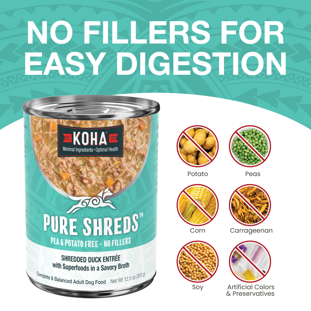 KOHA Pure Shreds duck can with text that says No Fillers for Easy Digestion and icons of fillers that are not in the food including potatoes, peas, corn, carrageenan, soy and artificial colors and preservatives on a white background