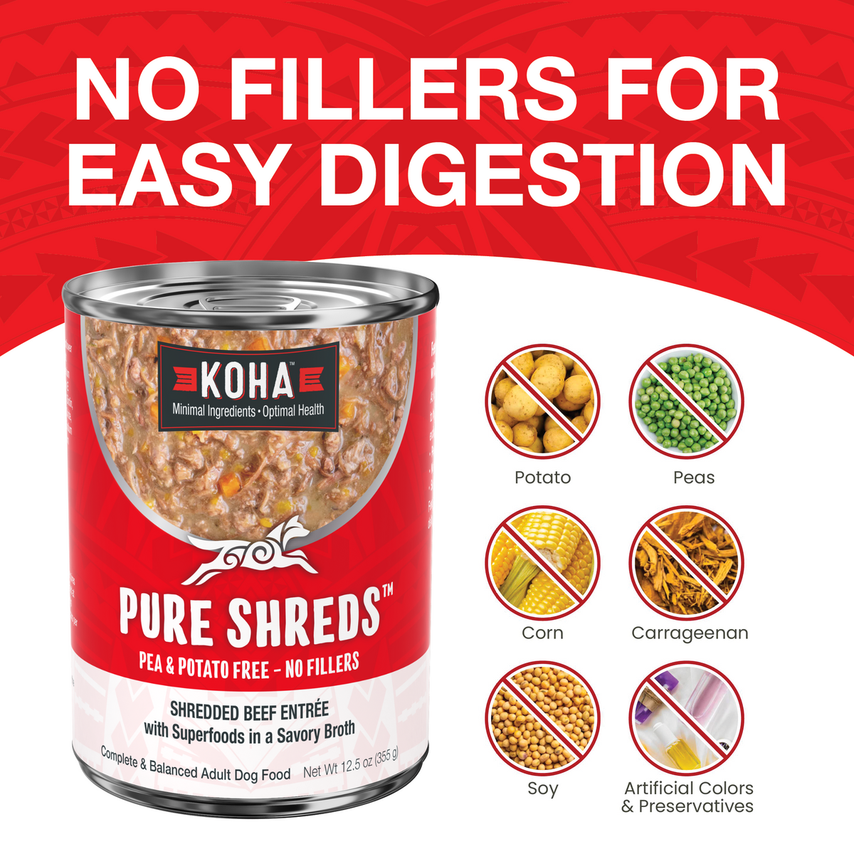 KOHA Pure Shreds Beef can with text that says No Fillers for Easy Digestion and icons of fillers that are not in the food including potatoes, peas, corn, carrageenan, soy and artificial colors and preservatives on a white background