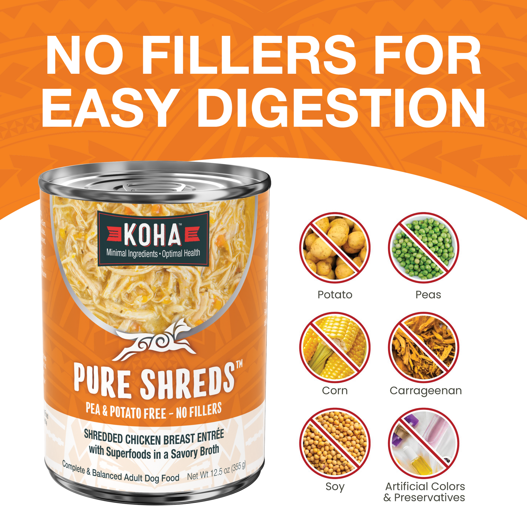 KOHA Pure Shreds chicken can with text that says No Fillers for Easy Digestion and icons of fillers that are not in the food including potatoes, peas, corn, carrageenan, soy and artificial colors and preservatives on a white background