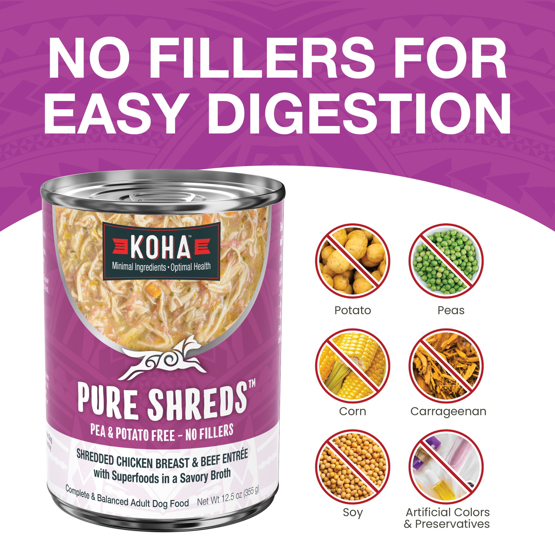 KOHA Pure Shreds chicken and beef can with text that says No Fillers for Easy Digestion and icons of fillers that are not in the food including potatoes, peas, corn, carrageenan, soy and artificial colors and preservatives on a white background