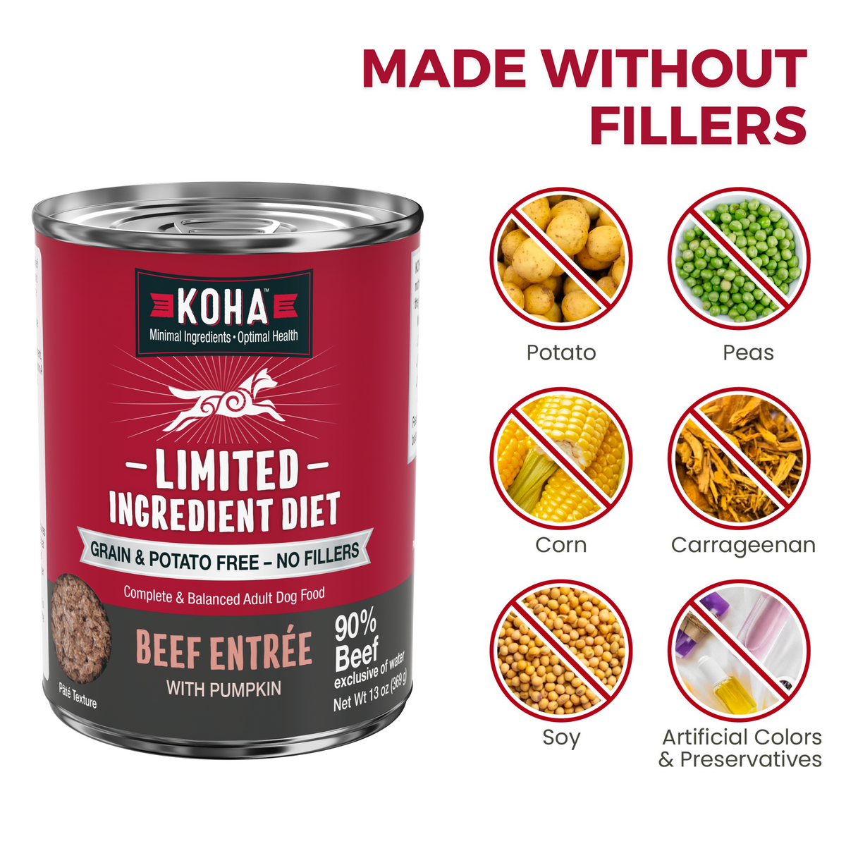 Image of KOHA Limited Ingredient Diet Beef Entrée can of food with a heading that says Made Without Fillers and crossed out filler ingredients including potato, peas, corn, carageenan, soy and artificial colors and preservatives