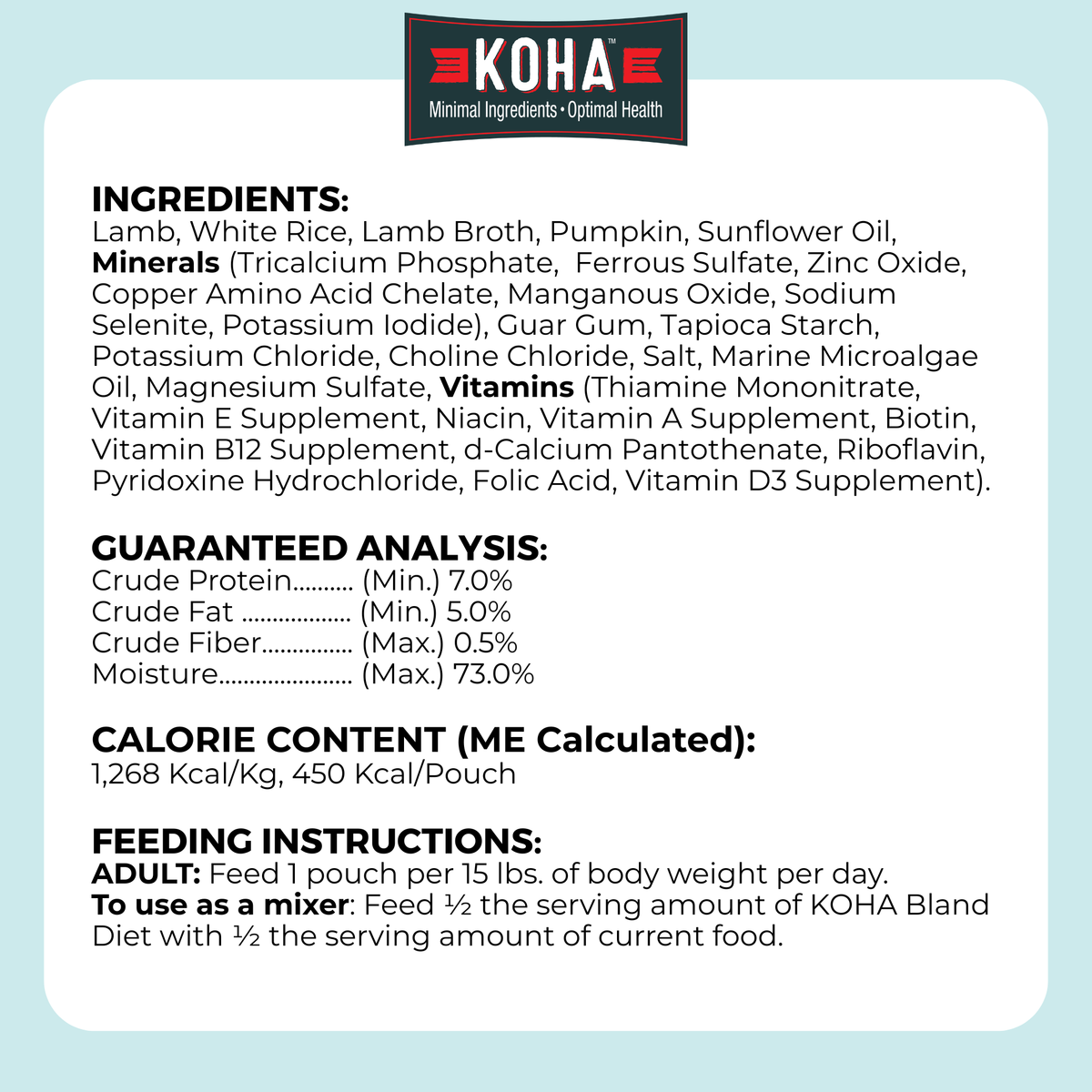 Image listing ingredients, guaranteed analysis, calorie content, and feeding instructions