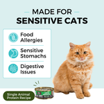 Graphic with a light blue background and a cat sitting next to a can of KOHA food. The copy says Made for Sensitive Cats. In a box, the bullets say Food Allergies, Sensitive Stomachs, Digestive Issues. The bottom says Single Animal Protein Recipe. 
