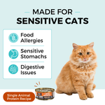 Graphic with a light blue background and a cat sitting next to a can of KOHA food. The copy says Made for Sensitive Cats. In a box, the bullets say Food Allergies, Sensitive Stomachs, Digestive Issues. The bottom says Single Animal Protein Recipe. 
