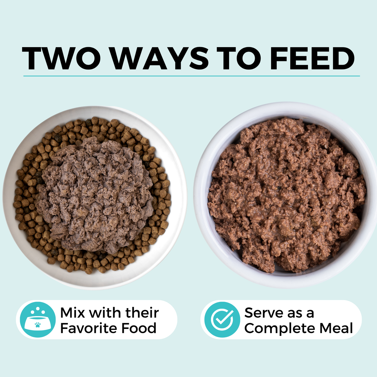 Graphic showing two great ways to feed.  Caption says mix with their favorite food under a bowl of dry food with wet food on top. And caption says serve as a complete meal under a bowl full of wet food only.
