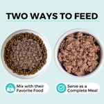 Graphic showing two great ways to feed.  Caption says mix with their favorite food under a bowl of dry food with wet food on top. And caption says serve as a complete meal under a bowl full of wet food only.

