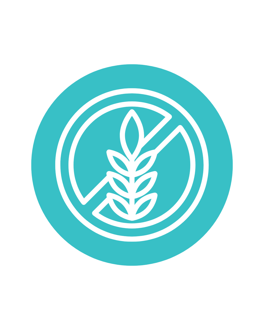 A teal circular icon with a white wheat stalk and diagonal slash, centered on a white background.