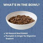 An image of KOHA Rabbit stew in a white bowl with copy that says: What's in the bowl?  All Natural Real Rabbit and Pumpkin & ginger for digestive support. 