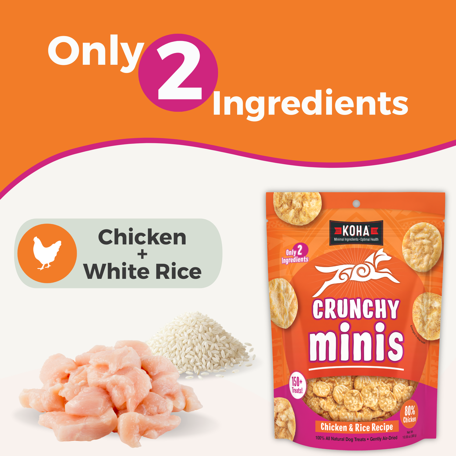 Koha Crunchy Minis dog food package with chicken and white rice ingredients on an orange background and text says: Only 2 Ingredients Chicken and white rice. 