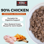Graphic with a light blue background and a KOHA logo at the top. There is half a bowl of paté textured dog food in a white bowl on the side and images of meat and pumpkin at the bottom. The copy says 90% Chicken plus beneficial ingredients and pumpkin for digestive support and new zealand green mussel for joint health.