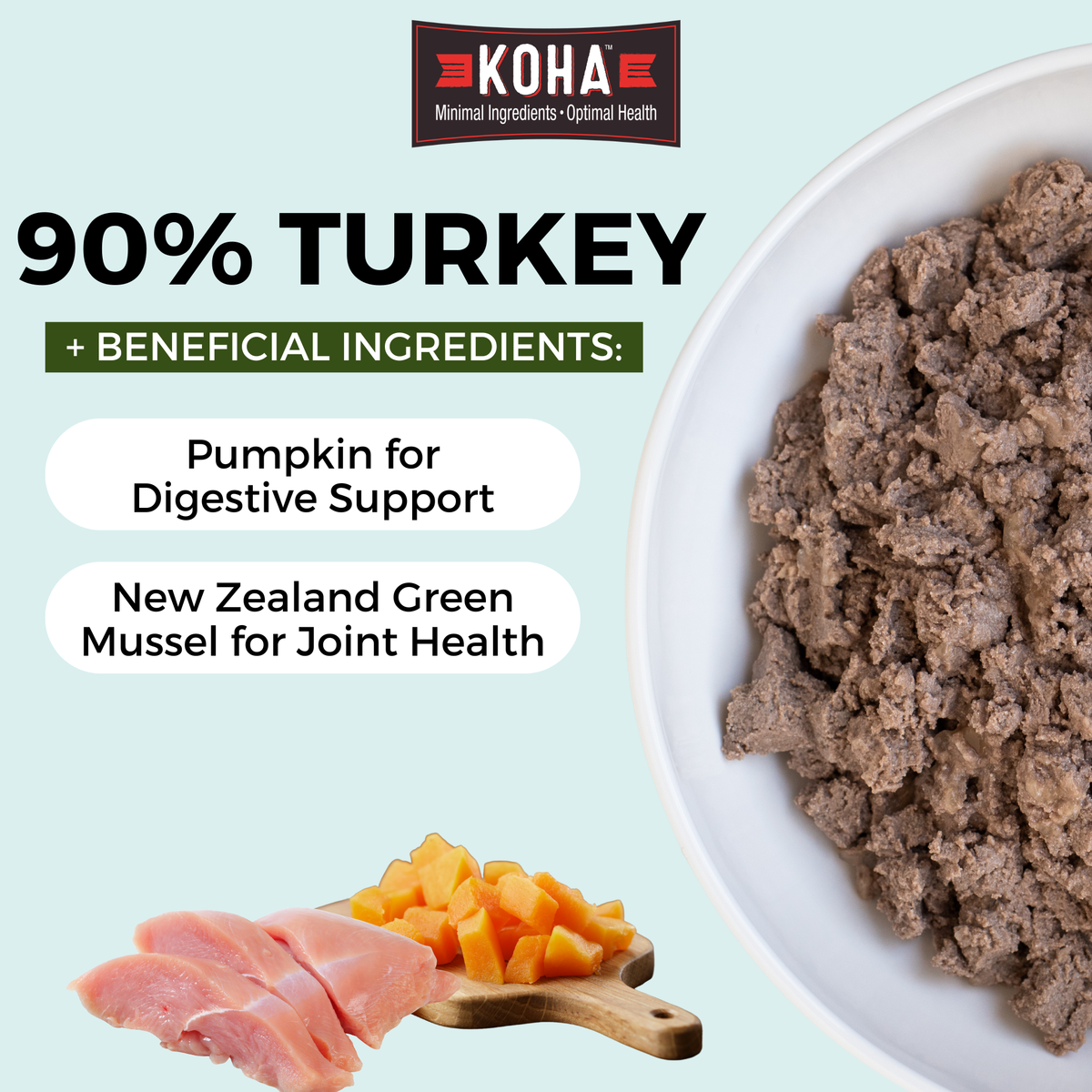 Graphic with a light blue background and a KOHA logo at the top. There is half a bowl of paté textured dog food in a white bowl on the side and images of meat and pumpkin at the bottom. The copy says 90% Turkey plus beneficial ingredients and pumpkin for digestive support and new zealand green mussel for joint health.

