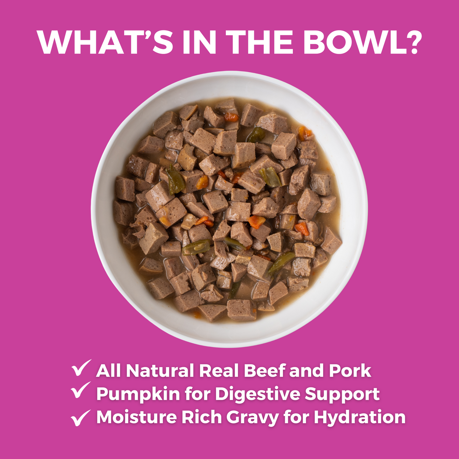 KOHA slow cooked stew in a white bowl with the heading What's in the Bowl? And bullets that say All Natural Real Chicken and Pork, Moisture Rick Gravy for Hydration, and Carefully Selected Veggies. 